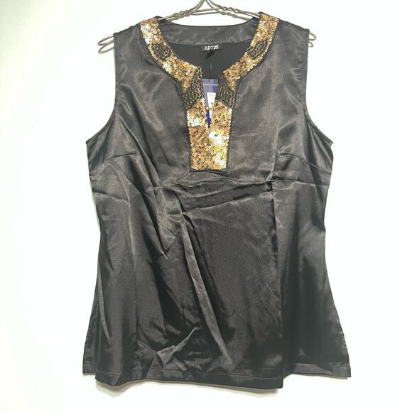 Apt 9 Size Large Black Satin Sleeveless Top Metallic Embellished Neck Evening - Picture 1 of 10